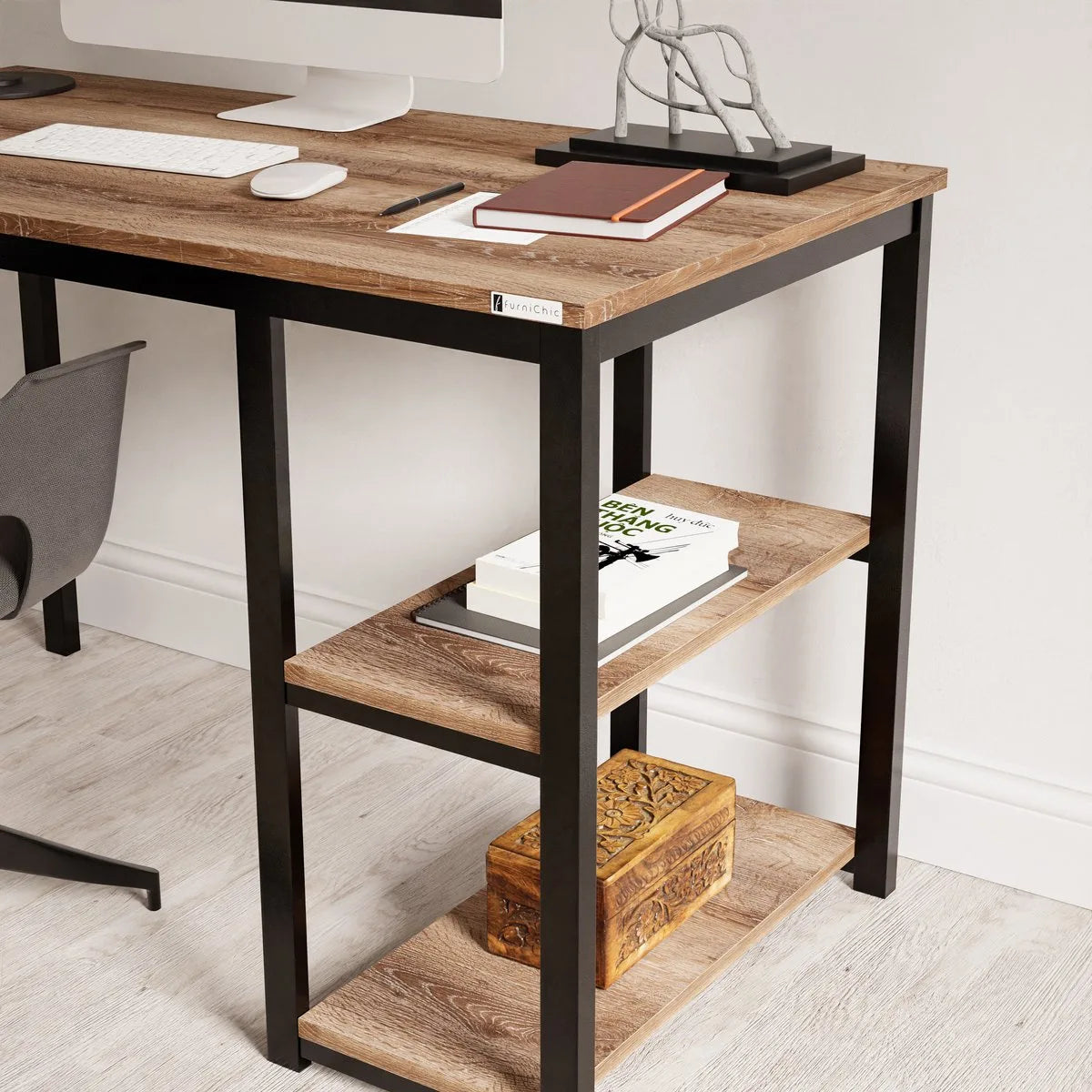FurniChic-Computertafel -PC Tafel -Bureautafel met 2 Legplanken-E1 Certified- Stalen Frame-Bruin-Thuis & Kantoor-120x60x73 cm