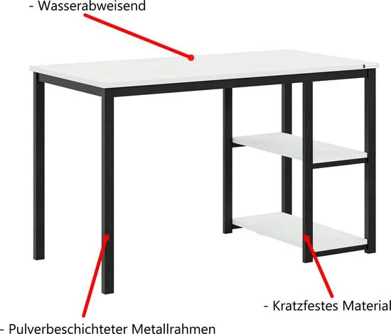 FurniChic-Computertafel -PC Tafel -Bureautafel met 2 Legplanken-E1 Certified- Stalen Frame-Wit-Thuis & Kantoor-120x60x73 cm