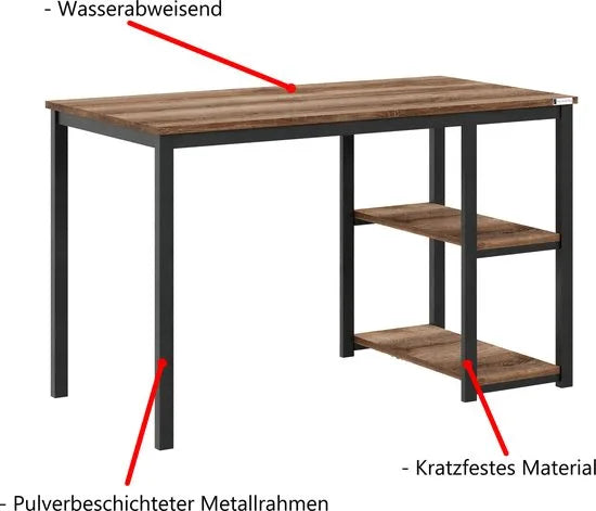 FurniChic-Computertafel -PC Tafel -Bureautafel met 2 Legplanken-E1 Certified- Stalen Frame-Bruin-Thuis & Kantoor-120x60x73 cm