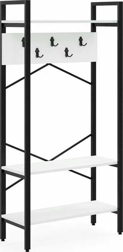 FurniChic- Kapstok- Staande Kapstok - Garderoberek - Schoenenrek -Industrieel - Hout en Metaal- Wit - 35x90x180cm