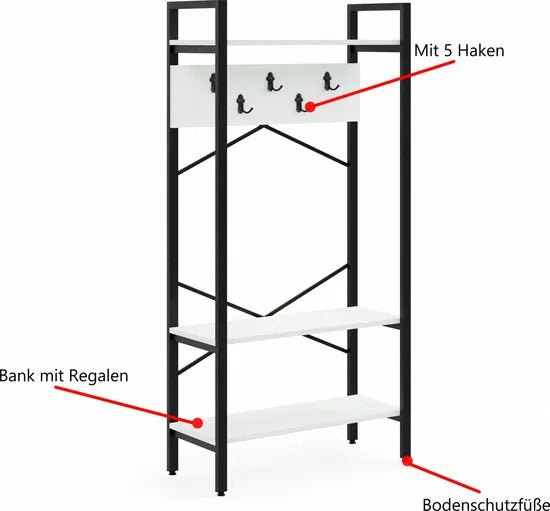 FurniChic- Kapstok- Staande Kapstok - Garderoberek - Schoenenrek -Industrieel - Hout en Metaal- Wit - 35x90x180cm