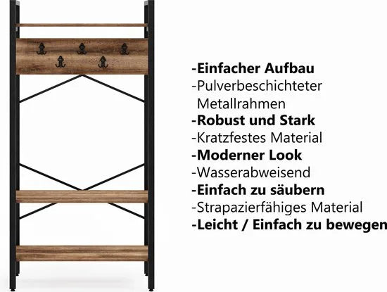 FurniChic- Kapstok- Staande Kapstok - Garderoberek - Schoenenrek -Industrieel - Hout en Metaal- Bruin- 35x90x180cm