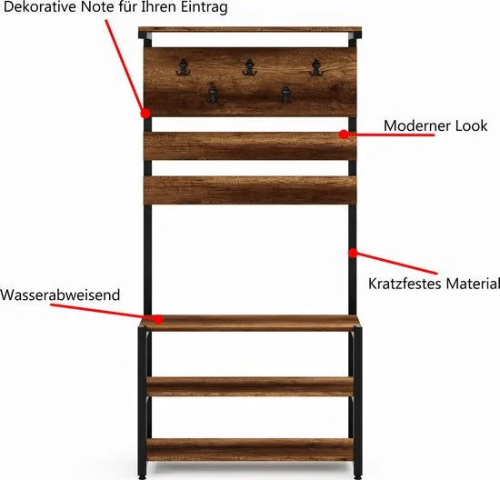 FurniChic- Kapstok- Staande Kapstok - Garderoberek - Schoenenrek -Industrieel - Hout en Metaal- Bruin- 35x90x180cm