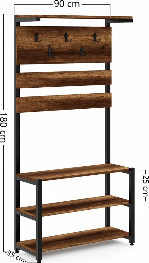 FurniChic- Kapstok- Staande Kapstok - Garderoberek - Schoenenrek -Industrieel - Hout en Metaal- Bruin- 35x90x180cm