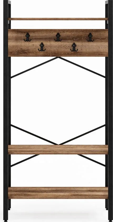FurniChic- Kapstok- Staande Kapstok - Garderoberek - Schoenenrek -Industrieel - Hout en Metaal- Bruin- 35x90x180cm