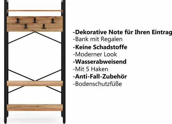 FurniChic- Kapstok- Staande Kapstok - Garderoberek - Schoenenrek -Industrieel - Hout en Metaal- Bruin- 35x90x180cm