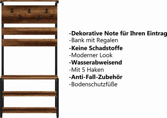 FurniChic- Kapstok- Staande Kapstok - Garderoberek - Schoenenrek -Industrieel - Hout en Metaal- Bruin- 35x90x180cm