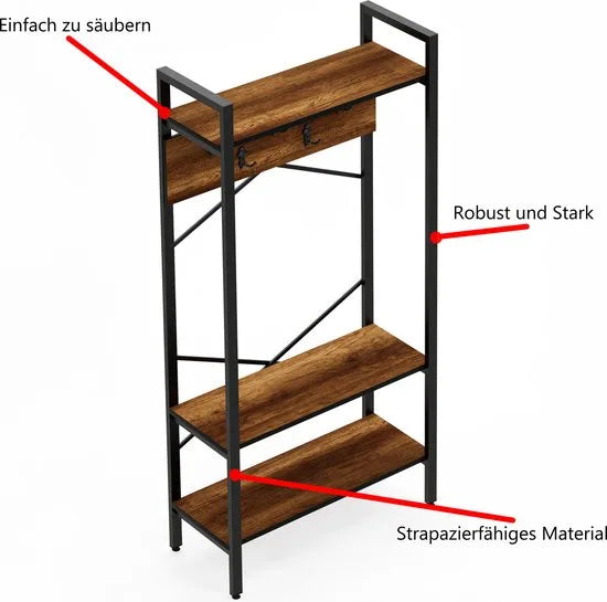 FurniChic- Kapstok- Staande Kapstok - Garderoberek - Schoenenrek -Industrieel - Hout en Metaal- Bruin- 35x90x180cm