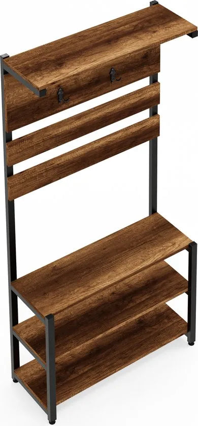 FurniChic- Kapstok- Staande Kapstok - Garderoberek - Schoenenrek -Industrieel - Hout en Metaal- Bruin- 35x90x180cm