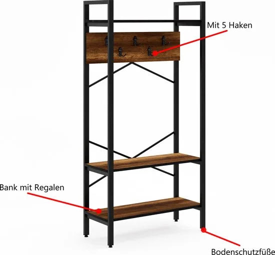 FurniChic- Kapstok- Staande Kapstok - Garderoberek - Schoenenrek -Industrieel - Hout en Metaal- Bruin- 35x90x180cm