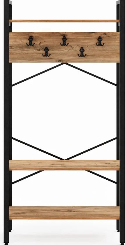FurniChic- Kapstok- Staande Kapstok - Garderoberek - Schoenenrek -Industrieel - Hout en Metaal- Bruin- 35x90x180cm