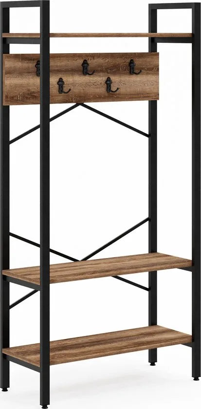 FurniChic- Kapstok- Staande Kapstok - Garderoberek - Schoenenrek -Industrieel - Hout en Metaal- Bruin- 35x90x180cm