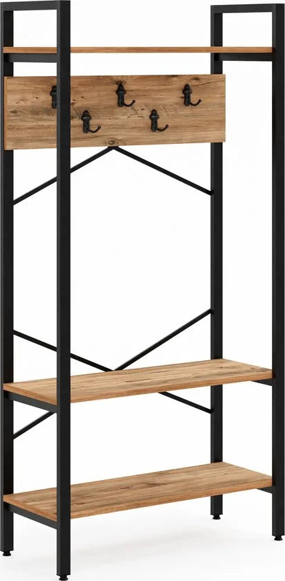 FurniChic- Kapstok- Staande Kapstok - Garderoberek - Schoenenrek -Industrieel - Hout en Metaal- Bruin- 35x90x180cm