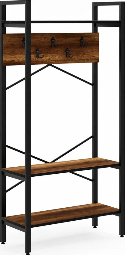 FurniChic- Kapstok- Staande Kapstok - Garderoberek - Schoenenrek -Industrieel - Hout en Metaal- Wit - 35x90x180cm – Brk. walnoot