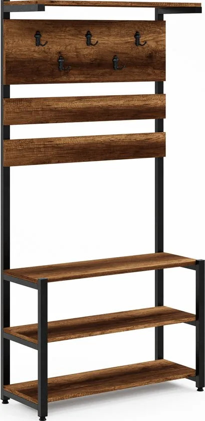 FurniChic- Kapstok- Staande Kapstok - Garderoberek - Schoenenrek -Industrieel - Hout en Metaal- Wit - 35x90x180cm – Barok walnoot