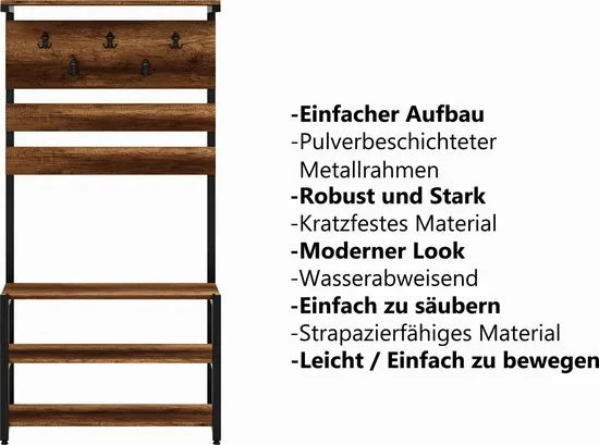 FurniChic- Kapstok- Staande Kapstok - Garderoberek - Schoenenrek -Industrieel - Hout en Metaal- Bruin- 35x90x180cm
