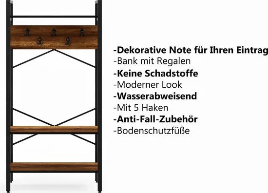 FurniChic- Kapstok- Staande Kapstok - Garderoberek - Schoenenrek -Industrieel - Hout en Metaal- Bruin- 35x90x180cm