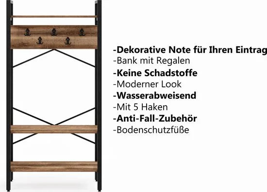 FurniChic- Kapstok- Staande Kapstok - Garderoberek - Schoenenrek -Industrieel - Hout en Metaal- Bruin- 35x90x180cm