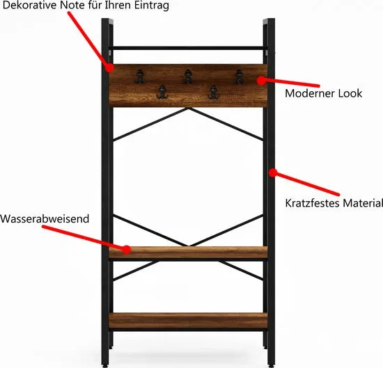FurniChic- Kapstok- Staande Kapstok - Garderoberek - Schoenenrek -Industrieel - Hout en Metaal- Bruin- 35x90x180cm