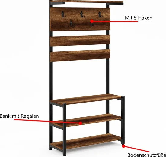 FurniChic- Kapstok- Staande Kapstok - Garderoberek - Schoenenrek -Industrieel - Hout en Metaal- Bruin- 35x90x180cm