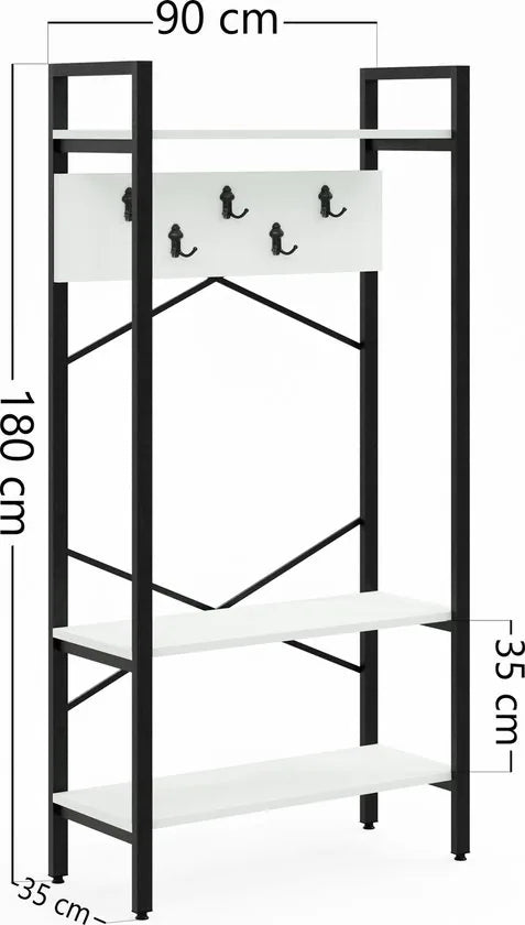 FurniChic- Kapstok- Staande Kapstok - Garderoberek - Schoenenrek -Industrieel - Hout en Metaal- Wit - 35x90x180cm