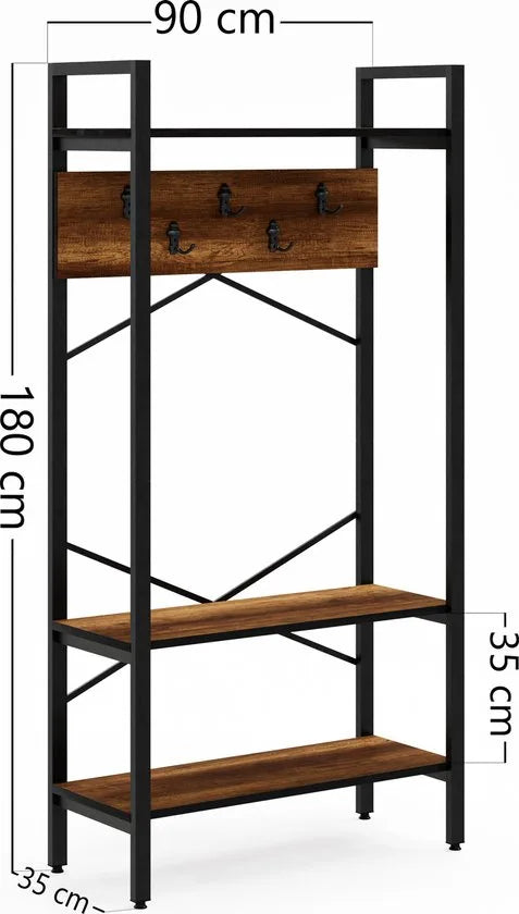 FurniChic- Kapstok- Staande Kapstok - Garderoberek - Schoenenrek -Industrieel - Hout en Metaal- Bruin- 35x90x180cm