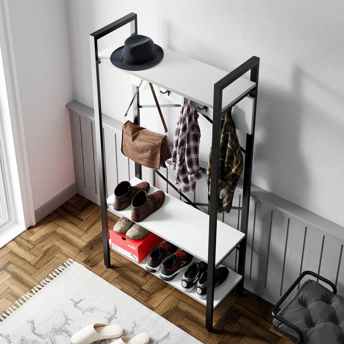 FurniChic- Kapstok- Staande Kapstok - Garderoberek - Schoenenrek -Industrieel - Hout en Metaal- Wit - 35x90x180cm
