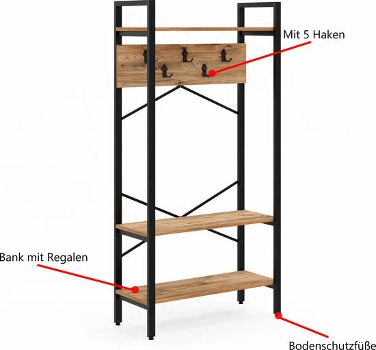 FurniChic- Kapstok- Staande Kapstok - Garderoberek - Schoenenrek -Industrieel - Hout en Metaal- Bruin- 35x90x180cm