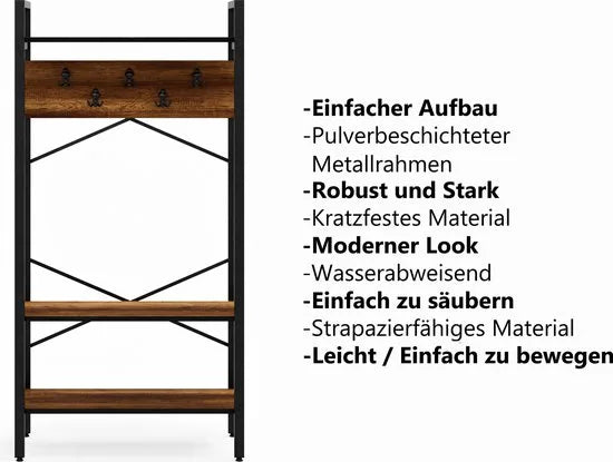 FurniChic- Kapstok- Staande Kapstok - Garderoberek - Schoenenrek -Industrieel - Hout en Metaal- Bruin- 35x90x180cm