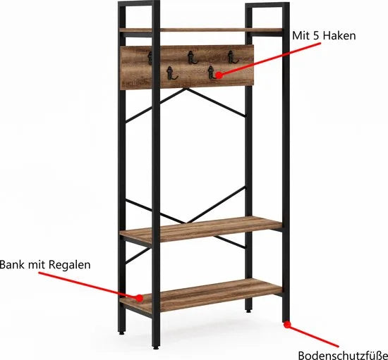 FurniChic- Kapstok- Staande Kapstok - Garderoberek - Schoenenrek -Industrieel - Hout en Metaal- Bruin- 35x90x180cm