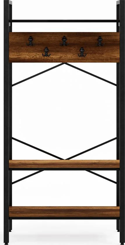 FurniChic- Kapstok- Staande Kapstok - Garderoberek - Schoenenrek -Industrieel - Hout en Metaal- Bruin- 35x90x180cm