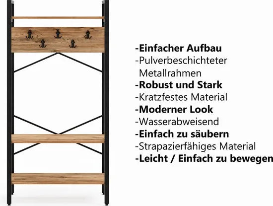 FurniChic- Kapstok- Staande Kapstok - Garderoberek - Schoenenrek -Industrieel - Hout en Metaal- Bruin- 35x90x180cm