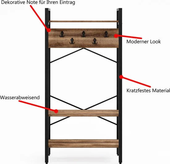 FurniChic- Kapstok- Staande Kapstok - Garderoberek - Schoenenrek -Industrieel - Hout en Metaal- Bruin- 35x90x180cm