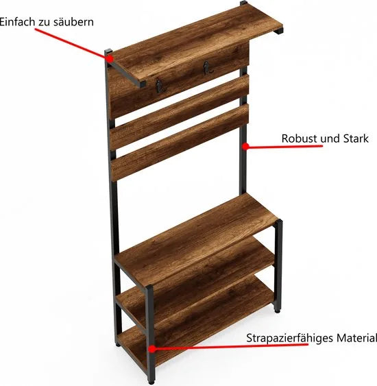 FurniChic- Kapstok- Staande Kapstok - Garderoberek - Schoenenrek -Industrieel - Hout en Metaal- Bruin- 35x90x180cm