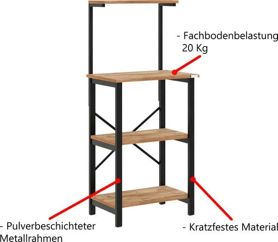 FurniChic - Keukentrolley - Keukenkast - Keukenrek Staand - Industrieel - Bruin- 60x40x128cm