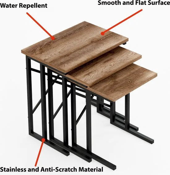 FurniChic - Salontafel Set van 3 - Bruin Sacramento EIK - Industrieel Design - Vierkante Bijzettafels - 35x53x54 cm