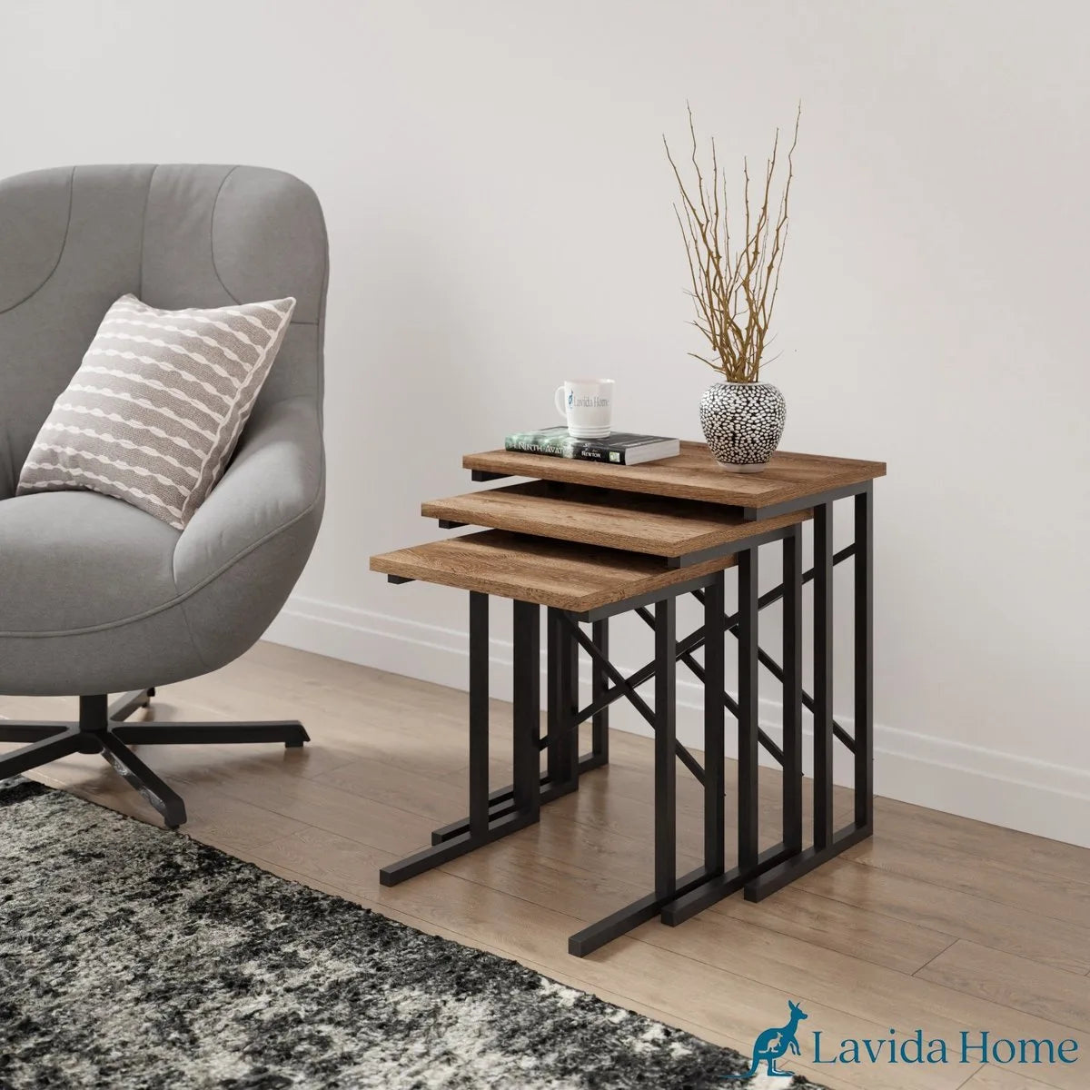 FurniChic - Salontafel Set van 3 - Bruin Sacramento EIK - Industrieel Design - Vierkante Bijzettafels - 35x53x54 cm