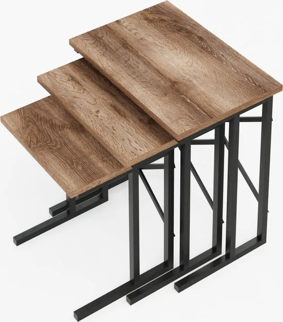 FurniChic - Salontafel Set van 3 - Bruin Sacramento EIK - Industrieel Design - Vierkante Bijzettafels - 35x53x54 cm