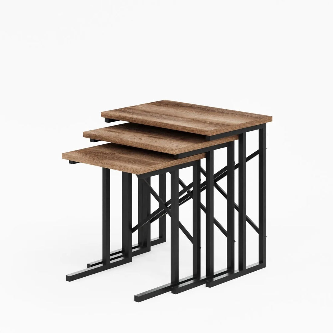 FurniChic - Salontafel Set van 3 - Bruin Sacramento EIK - Industrieel Design - Vierkante Bijzettafels - 35x53x54 cm