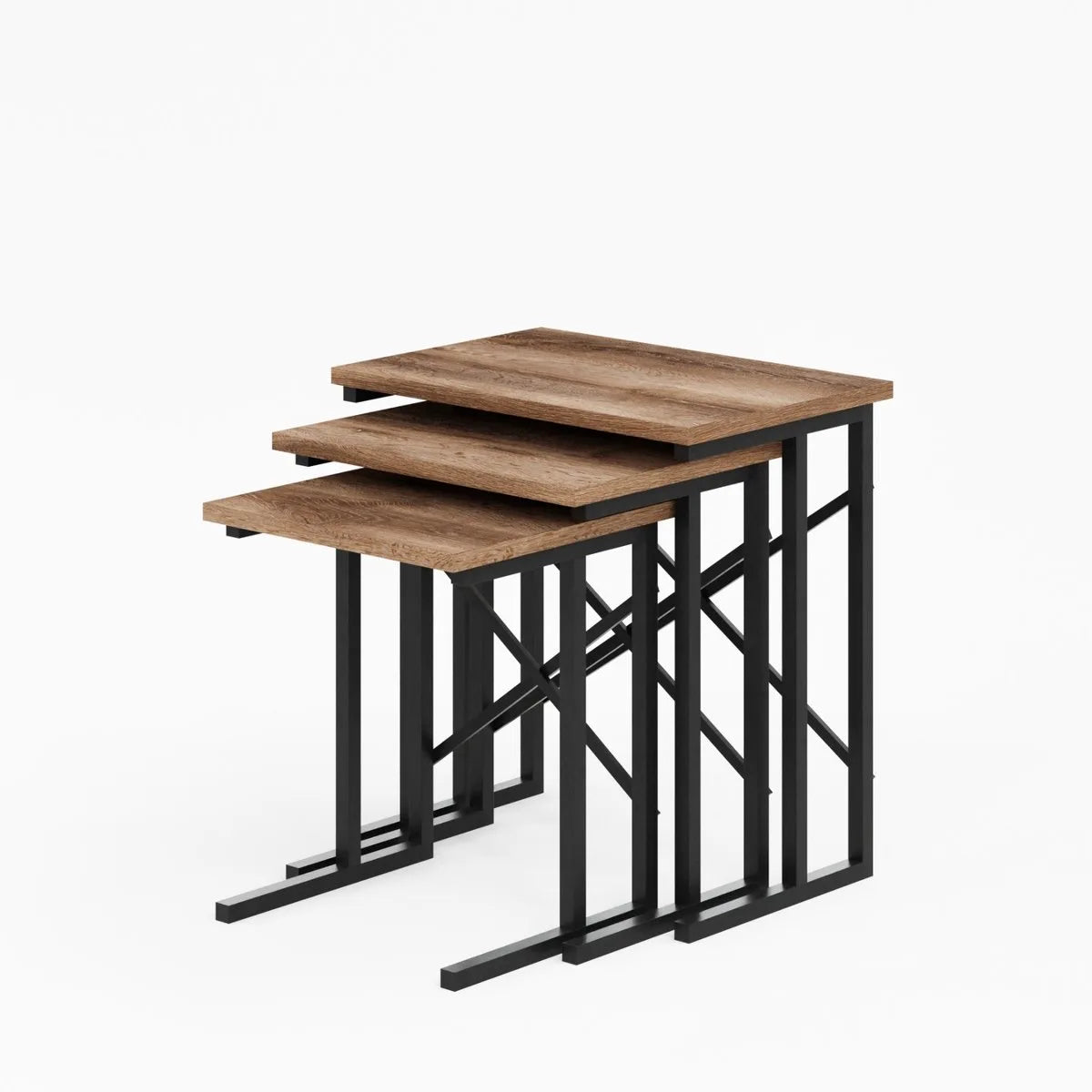 FurniChic - Salontafel Set van 3 - Bruin Sacramento EIK - Industrieel Design - Vierkante Bijzettafels - 35x53x54 cm