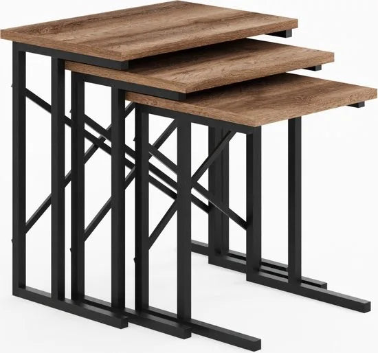 FurniChic - Salontafel Set van 3 - Bruin Sacramento EIK - Industrieel Design - Vierkante Bijzettafels - 35x53x54 cm