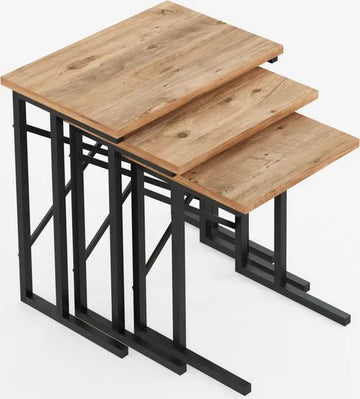 FurniChic - Salontafel Set van 3 - PINE (Atlantische Grenen) - Industrieel Design - Vierkante Bijzettafels - 35x53x54 cm