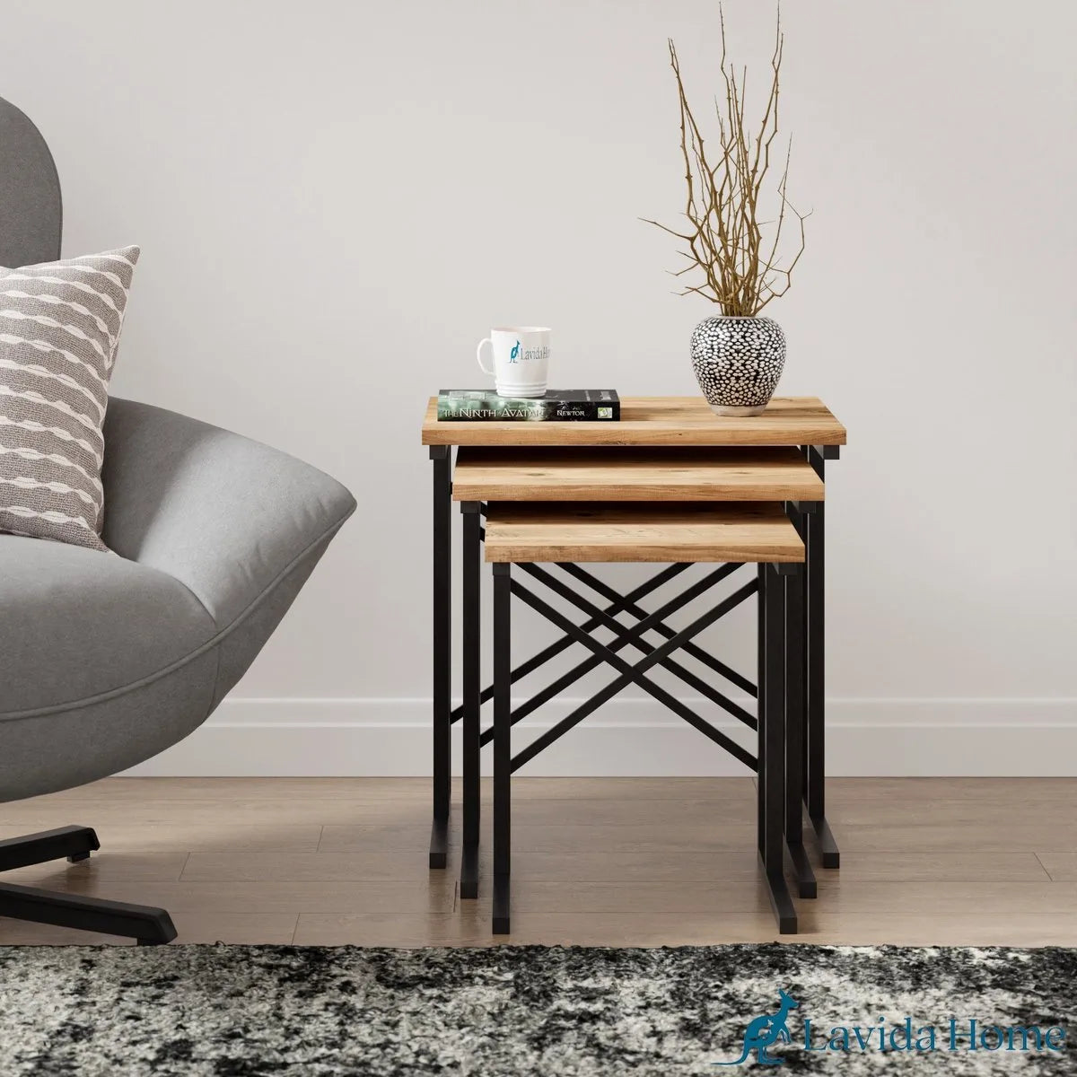 FurniChic - Salontafel Set van 3 - PINE (Atlantische Grenen) - Industrieel Design - Vierkante Bijzettafels - 35x53x54 cm