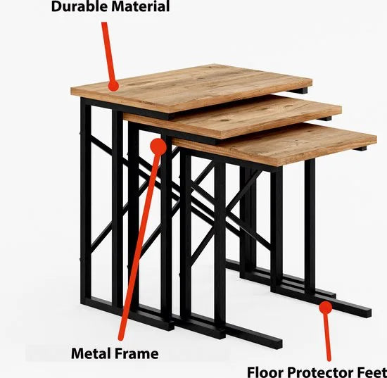 FurniChic - Salontafel Set van 3 - PINE (Atlantische Grenen) - Industrieel Design - Vierkante Bijzettafels - 35x53x54 cm