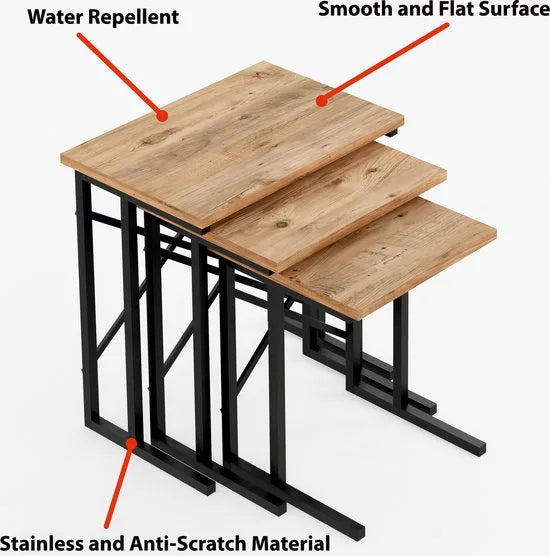 FurniChic - Salontafel Set van 3 - PINE (Atlantische Grenen) - Industrieel Design - Vierkante Bijzettafels - 35x53x54 cm