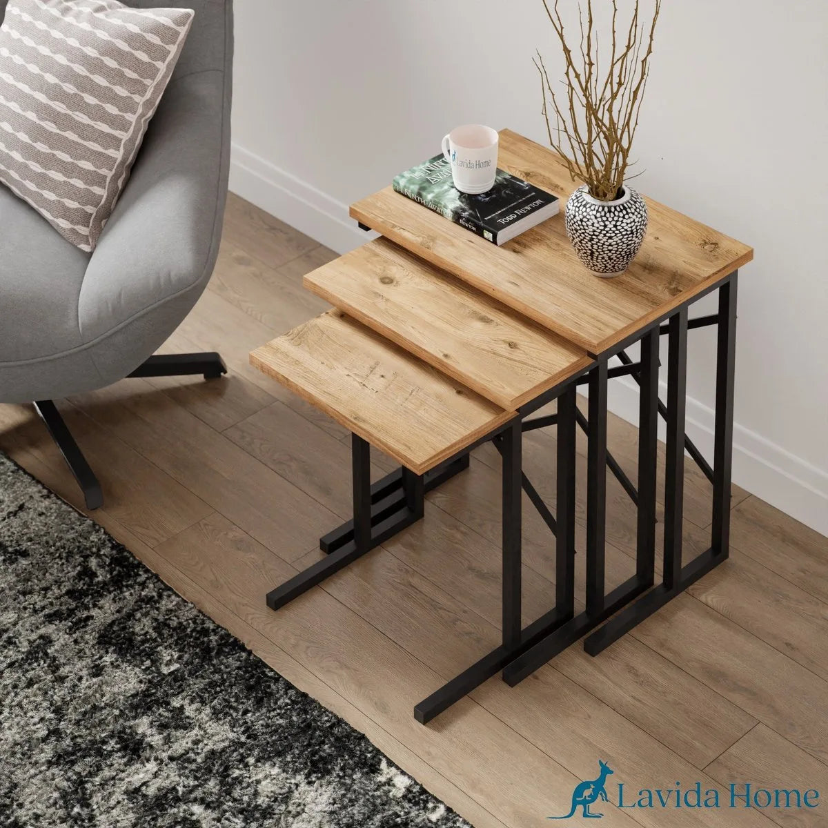 FurniChic - Salontafel Set van 3 - PINE (Atlantische Grenen) - Industrieel Design - Vierkante Bijzettafels - 35x53x54 cm