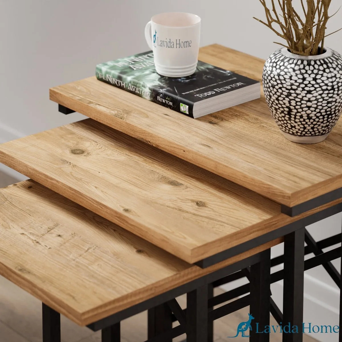 FurniChic - Salontafel Set van 3 - PINE (Atlantische Grenen) - Industrieel Design - Vierkante Bijzettafels - 35x53x54 cm