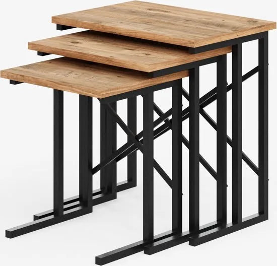 FurniChic - Salontafel Set van 3 - PINE (Atlantische Grenen) - Industrieel Design - Vierkante Bijzettafels - 35x53x54 cm