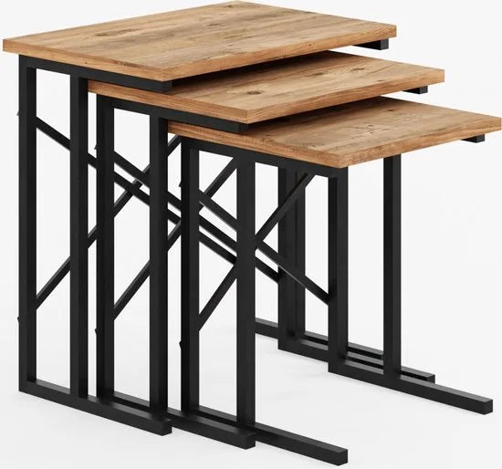 FurniChic - Salontafel Set van 3 - PINE (Atlantische Grenen) - Industrieel Design - Vierkante Bijzettafels - 35x53x54 cm