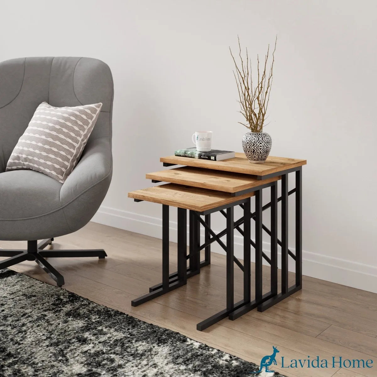 FurniChic - Salontafel Set van 3 - PINE (Atlantische Grenen) - Industrieel Design - Vierkante Bijzettafels - 35x53x54 cm